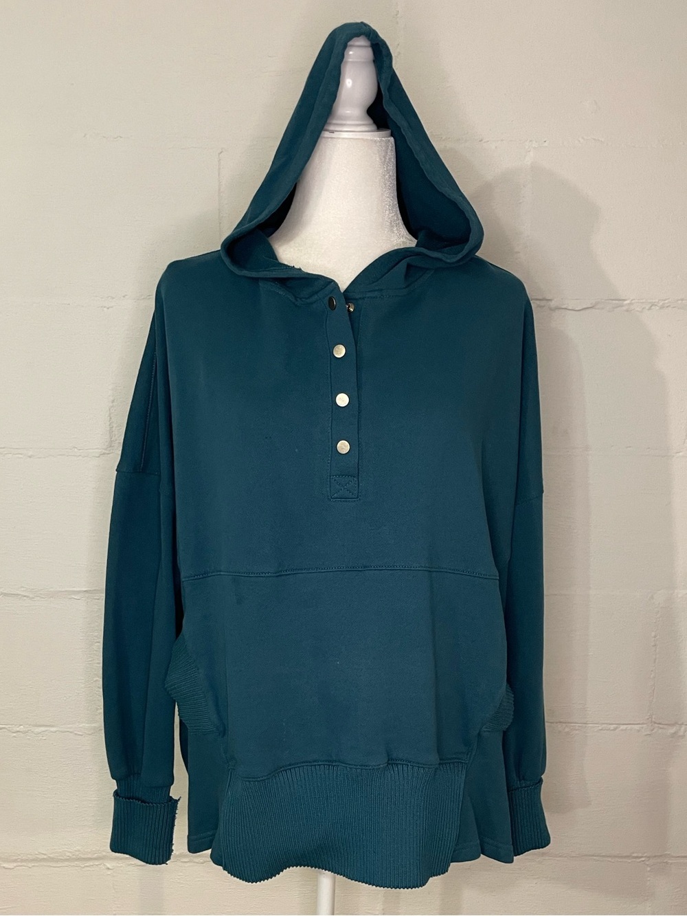 Women's Teal Hooded Snap-Placket Pullover Sweatshirt